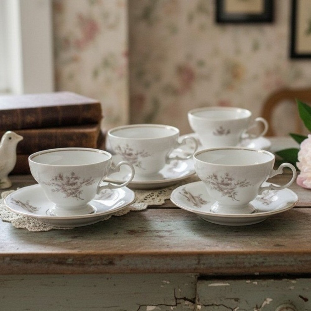 Johann Haviland Bavaria Sepia Rose Footed 4 Teacups & Saucers Set Germany